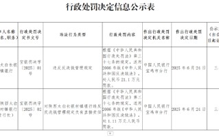 陕西太白长银村镇银行因违反反洗钱管理规定被罚21.1万元