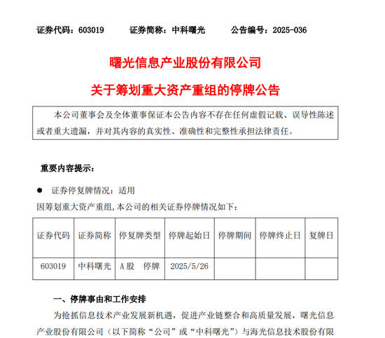 新规后首单！688041、603019，拟合并重组！